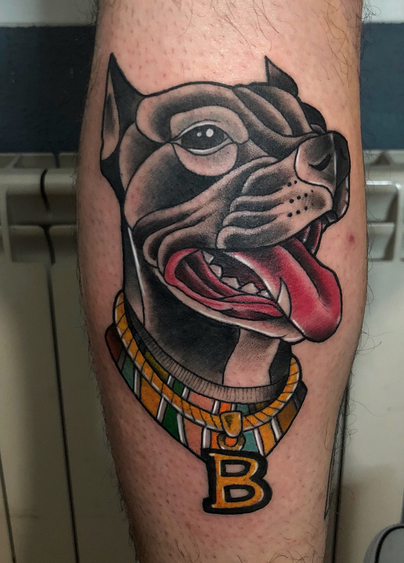 Tatuaje neotradicional perro pitbull